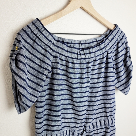 Ellen Tracy | Navy Peplum Off Shoulder Stripe Linen Blend Top - Picture 3 of 10